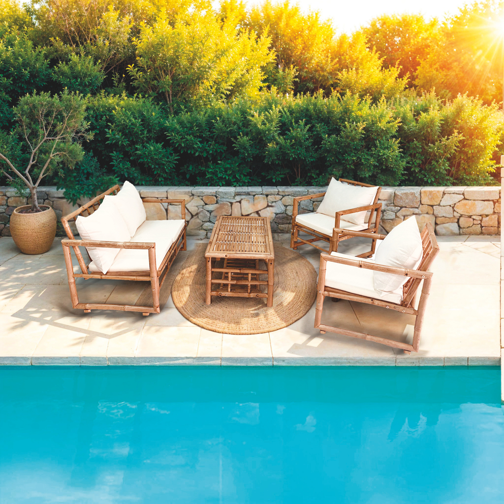 SET SOFA BAMBOO TAVOLO CM.90X50+N.2 SEDIE+PANCA