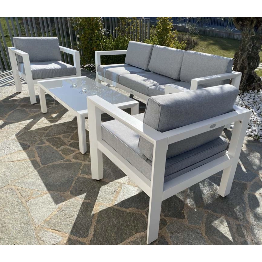 SALOTTO NIZZA IN ALLUM. BIANCO - CUSCINI GRIGIO